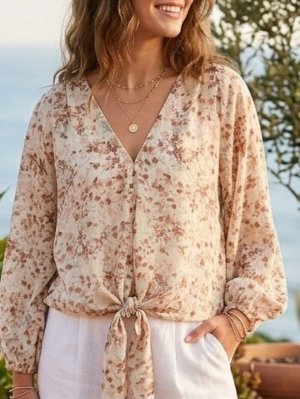 ​Lovestitch Boho Floral Kimono Sleeve Tie-Front Blouse M Cream Brown V-Neck